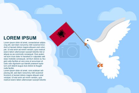 Ilustración de Albania concepto de paz con zona de texto, Paloma de la Paz pájaro con bandera de Albania en su pico, paloma volando en las nubes, vector ilustración diseño, Albania plantilla de día de la paz, idea de libertad - Imagen libre de derechos