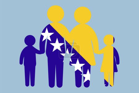 Illustration for Bosnia and Herzegovina flag with family concept, vector element, parent and kids holding hands, immigrant idea, happy family with Bosnia and Herzegovina flag, flat design asset - Royalty Free Image