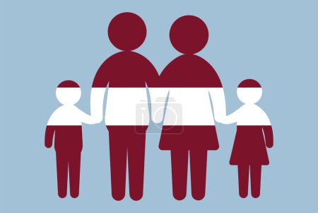 Illustration for Latvia flag with family concept, vector element, parent and kids holding hands, immigrant idea, happy family with Latvia flag, flat design asset - Royalty Free Image