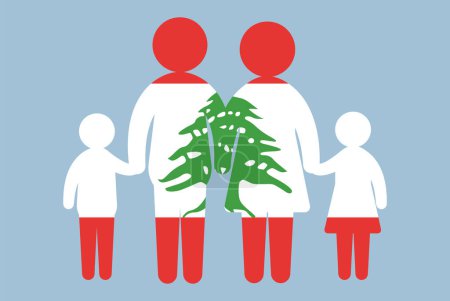 Illustration for Lebanon flag with family concept, vector element, parent and kids holding hands, immigrant idea, happy family with Lebanon flag, flat design asset - Royalty Free Image