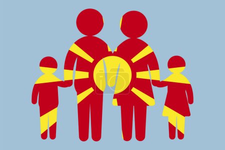 Illustration for Macedonia flag with family concept, vector element, parent and kids holding hands, immigrant idea, happy family with Macedonia flag, flat design asset - Royalty Free Image