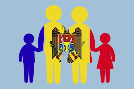 Illustration for Moldova flag with family concept, vector element, parent and kids holding hands, immigrant idea, happy family with Moldova flag, flat design asset - Royalty Free Image