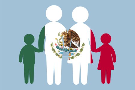 Illustration for Mexico flag with family concept, vector element, parent and kids holding hands, immigrant idea, happy family with Mexico flag, flat design asset - Royalty Free Image