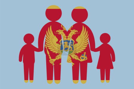 Illustration for Montenegro flag with family concept, vector element, parent and kids holding hands, immigrant idea, happy family with Montenegro flag, flat design asset - Royalty Free Image