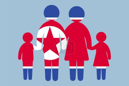 Illustration for North Korea flag with family concept, vector element, parent and kids holding hands, immigrant idea, happy family with North Korea flag, flat design asset - Royalty Free Image