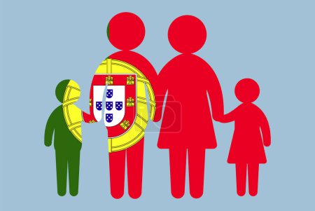 Illustration for Portugal flag with family concept, vector element, parent and kids holding hands, immigrant idea, happy family with Portugal flag, flat design asset - Royalty Free Image