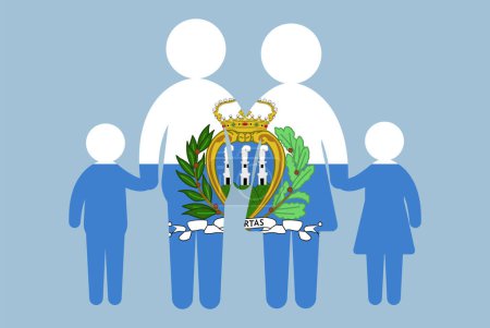 Illustration for San Marino flag with family concept, vector element, parent and kids holding hands, immigrant idea, happy family with San Marino flag, flat design asset - Royalty Free Image