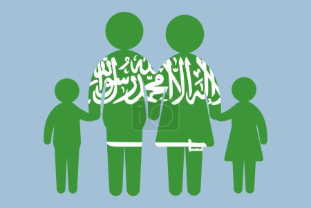 Illustration for Saudi Arabia flag with family concept, vector element, parent and kids holding hands, immigrant idea, happy family with Saudi Arabia flag, flat design asset - Royalty Free Image