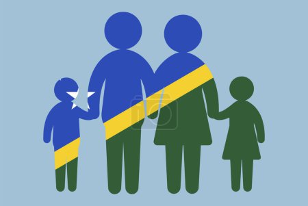 Illustration for Solomon Island flag with family concept, vector element, parent and kids holding hands, immigrant idea, happy family with Solomon Island flag, flat design asset - Royalty Free Image