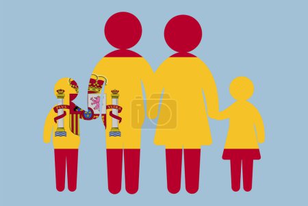 Illustration for Spain flag with family concept, vector element, parent and kids holding hands, immigrant idea, happy family with Spain flag, flat design asset - Royalty Free Image