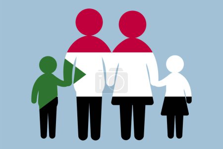 Illustration for Sudan flag with family concept, vector element, parent and kids holding hands, immigrant idea, happy family with Sudan flag, flat design asset - Royalty Free Image