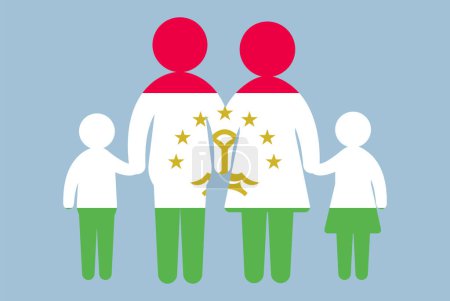 Illustration for Tajikistan flag with family concept, vector element, parent and kids holding hands, immigrant idea, happy family with Tajikistan flag, flat design asset - Royalty Free Image