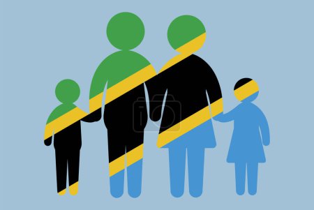 Illustration for Tanzania flag with family concept, vector element, parent and kids holding hands, immigrant idea, happy family with Tanzania flag, flat design asset - Royalty Free Image