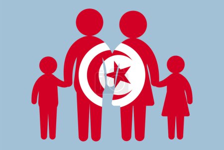 Illustration for Tunisia flag with family concept, vector element, parent and kids holding hands, immigrant idea, happy family with Tunisia flag, flat design asset - Royalty Free Image