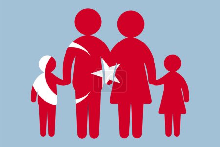 Illustration for Turkey flag with family concept, vector element, parent and kids holding hands, immigrant idea, happy family with Turkey flag, flat design asset - Royalty Free Image