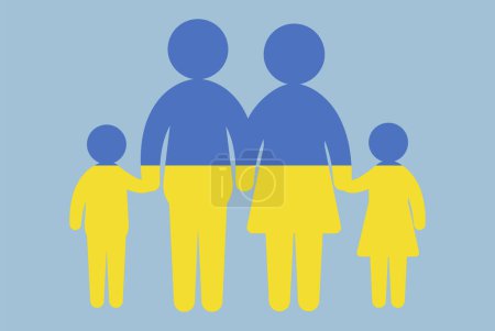 Illustration for Ukraine flag with family concept, vector element, parent and kids holding hands, immigrant idea, happy family with Ukraine flag, flat design asset - Royalty Free Image