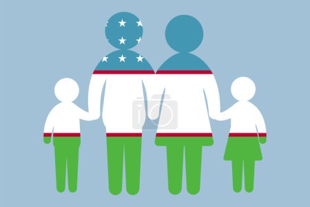 Ilustración de Bandera de Uzbekistán con concepto familiar, elemento vectorial, padres e hijos tomados de la mano, idea de inmigrante, familia feliz con bandera de Uzbekistán, activo de diseño plano - Imagen libre de derechos