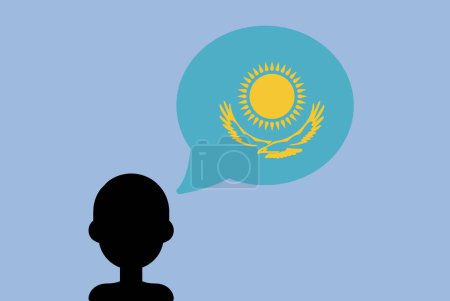 Téléchargez les illustrations : Drapeau du Kazakhstan avec ballon de parole, homme de silhouette avec drapeau du pays, idée de liberté et d'indépendance, vecteur de drapeau du Kazakhstan sur bulle parlante, apprentissage de la langue kazakhe - en licence libre de droit