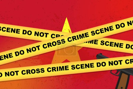 Illustration for Vietnam armed attack vector banner, shooting news concept, armed assault with gun and blood stain on Vietnam flag, yellow police tape, crime scene composition, top view, flat design - Royalty Free Image