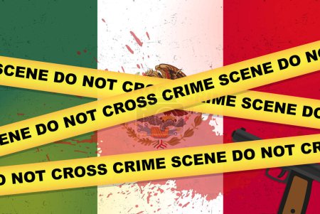 Téléchargez les illustrations : Bannière vectorielle d'attaque armée mexicaine, concept de fusillade, agression armée avec arme à feu et tache de sang sur le drapeau mexicain, ruban de police jaune, composition de la scène de crime, vue de dessus, design plat - en licence libre de droit