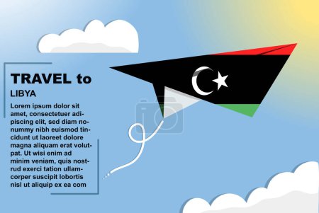 Illustration for Libya travel vector banner with paper flag and text space, Libya country flag on paper plane, holiday and vacation concept, summer travel template and pattern, flight ticket idea - Royalty Free Image