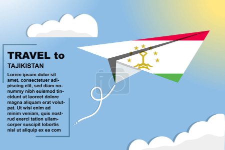 Téléchargez les illustrations : Bannière vectorielle de voyage du Tadjikistan avec drapeau papier et espace texte, drapeau de pays du Tadjikistan sur avion papier, concept de vacances et de vacances, modèle et modèle de voyage d'été, idée de billet d'avion - en licence libre de droit