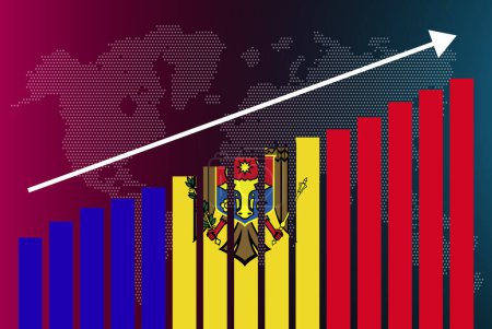 Téléchargez les illustrations : Graphique à barres Moldavie, valeurs croissantes, concept de statistiques par pays, drapeau moldave sur graphique à barres, flèche ascendante sur les données, idée de bannière d'information - en licence libre de droit