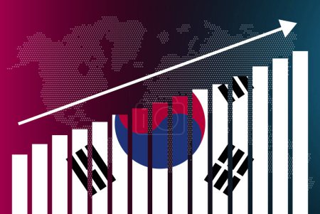 Téléchargez les illustrations : Graphique à barres de la Corée du Sud, valeurs croissantes, concept de statistiques par pays, drapeau de la Corée du Sud sur graphique à barres, flèche ascendante sur les données, idée de bannière d'information - en licence libre de droit