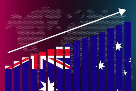 Illustration for Australia bar chart graph, increasing values, country statistics concept, Australia country flag on bar graph, upward rising arrow on data, news banner idea - Royalty Free Image