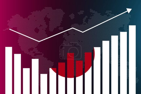 Illustration for Japan bar chart graph with ups and downs, increasing values, Japan country flag on bar graph, upward rising arrow on data, news banner idea, developing country concept - Royalty Free Image