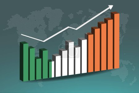Illustration for Ireland 3D bar chart graph with ups and downs, increasing values, Ireland country flag on 3D bar graph, upward rising arrow on data, news banner idea, developing country concept - Royalty Free Image