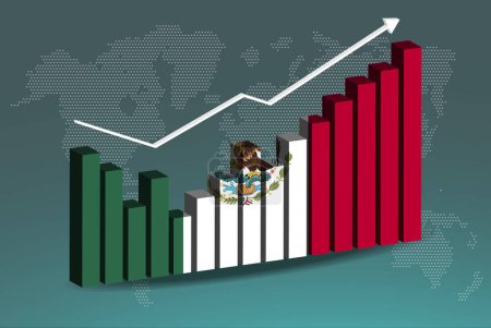 Illustration for Mexico 3D bar chart graph with ups and downs, increasing values, Mexico country flag on 3D bar graph, upward rising arrow on data, news banner idea, developing country concept - Royalty Free Image