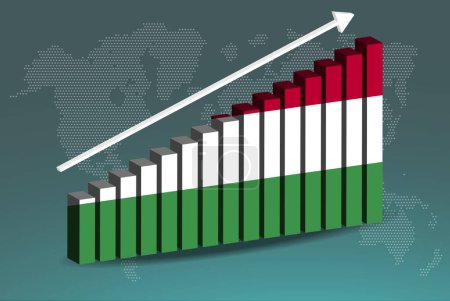Illustration for Hungary 3D bar chart graph vector, upward rising arrow on data, country statistics concept, Hungary country flag on 3D bar graph, increasing values, news banner idea - Royalty Free Image