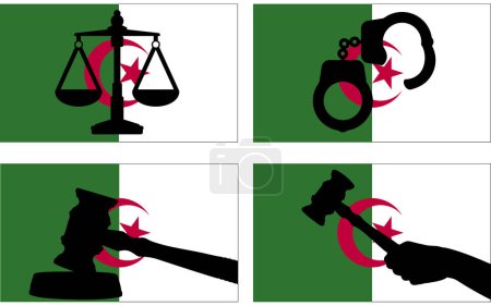 Téléchargez les illustrations : Algérie drapeau avec justice vecteur silhouette, juge marteau marteau marteau marteau et échelles de justice et menottes silhouette sur le drapeau du pays, Algérie concept de droit, actif design, idée de liberté - en licence libre de droit