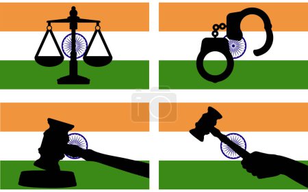 Illustration for India flag with justice vector silhouette, judge gavel hammer and scales of justice and handcuff silhouette on country flag, India law concept, design asset, freedom idea - Royalty Free Image