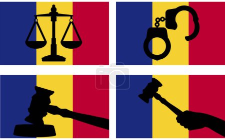 Illustration for Romania flag with justice vector silhouette, judge gavel hammer and scales of justice and handcuff silhouette on country flag, Romania law concept, design asset, freedom idea - Royalty Free Image