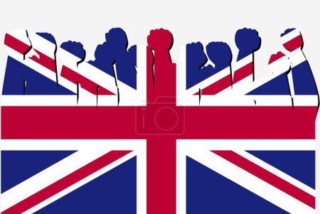 Ilustración de Bandera del Reino Unido con el vector de manos de protesta levantado, logotipo de la bandera del país, Reino Unido concepto de protesta - Imagen libre de derechos