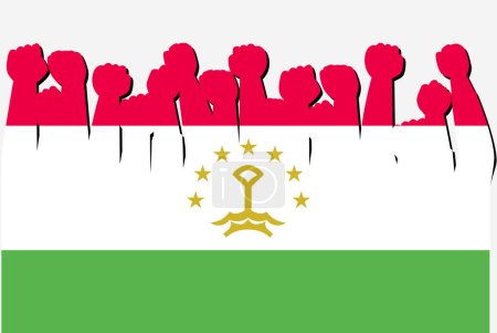 Illustration for Tajikistan flag with raised protest hands vector, country flag logo, Tajikistan protesting concept - Royalty Free Image