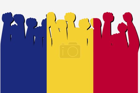 Ilustración de Bandera de Rumania con el vector de manos levantadas protesta, logotipo de la bandera del país, Rumania concepto de protesta - Imagen libre de derechos
