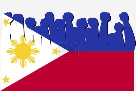 Téléchargez les illustrations : Drapeau des Philippines avec vecteur des mains de protestation soulevées, logo du drapeau du pays, concept de protestation des Philippines - en licence libre de droit