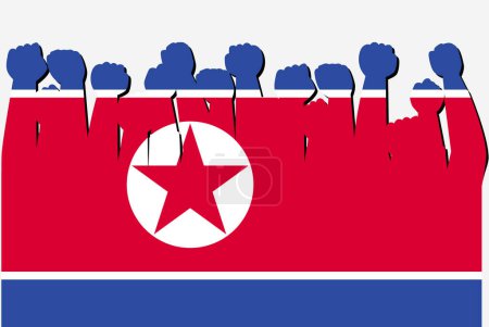 Ilustración de Bandera de Corea del Norte con el vector de manos levantadas protesta, logotipo de la bandera del país, Corea del Norte concepto de protesta - Imagen libre de derechos
