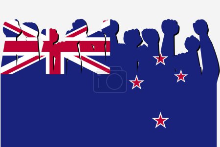 Illustration for New Zealand flag with raised protest hands vector, country flag logo, New Zealand protesting concept - Royalty Free Image