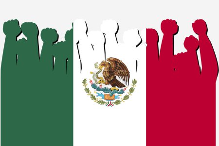 Ilustración de México flag with raised protest hands vector, country flag logo, México protestesting concept - Imagen libre de derechos