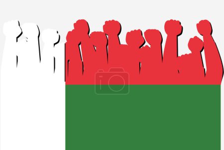 Illustration for Madagascar flag with raised protest hands vector, country flag logo, Madagascar protesting concept - Royalty Free Image