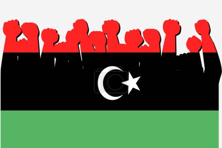 Ilustración de Bandera de Libia con el vector de manos de protesta levantado, logotipo de la bandera del país, Libia concepto de protesta - Imagen libre de derechos