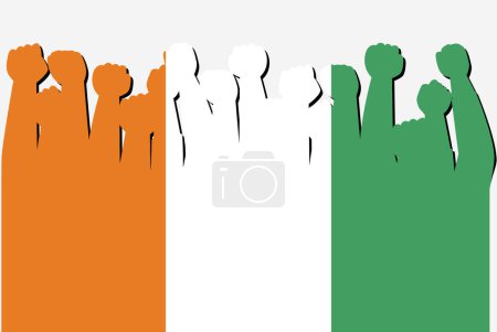 Illustration for Ivory Coast flag with raised protest hands vector, country flag logo, Ivory Coast protesting concept - Royalty Free Image
