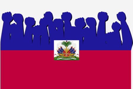 Haiti-Flagge mit erhobenen Protesthänden, Länderflaggen-Logo, Haiti-Protestkonzept