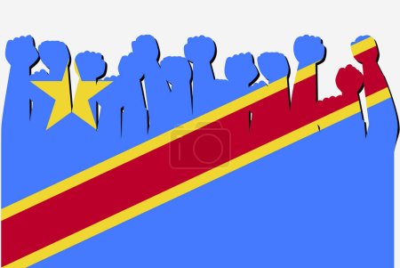 Ilustración de Congo Demotratic Republic flag with raised protest hands vector, country flag logo, Congo Demotratic Republic protesting concept - Imagen libre de derechos
