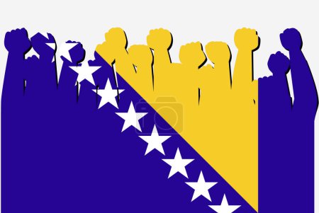 Bosnien-Flagge mit erhobenen Protesthänden, Länderflaggen-Logo, Bosnien-Protestkonzept