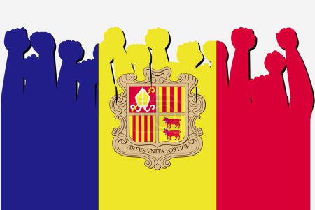Ilustración de Bandera de Andorra con vector de manos de protesta levantado, logotipo de bandera de país, concepto de protesta de Andorra - Imagen libre de derechos